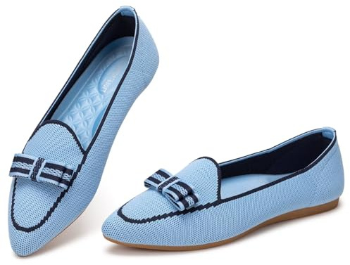 Frank Mully Mocassins plats pour femme - En tricot décontracté - Lavable - Chaussures à lacets avec bout pointu - Chaussures confortables de style ballet pour, bleu clair, 39.5 EU