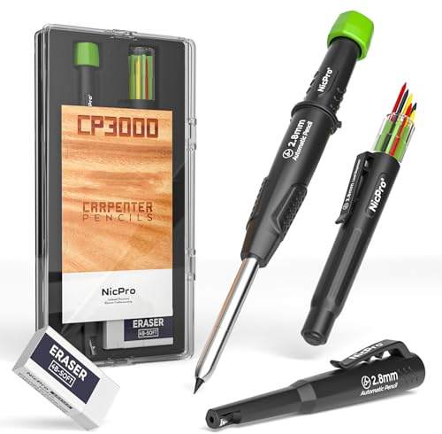 Nicpro lapiz carpintero con sacapuntas, lápiz de construcción CP3000 con 6 recambios en dispensador de mina, lapicera de agujero profundo para construcción, herramientas de carpintero para carpintería