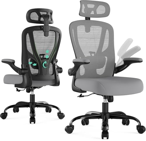 SOMEET Office Chair Ergonomic Desk Chair - Mesh High Back Office Chair with Headrests Wheels Lumbar Support Home Desk Office Chairs Flip up Armrest Executive Rolling Swivel Task Computer Chair Gray