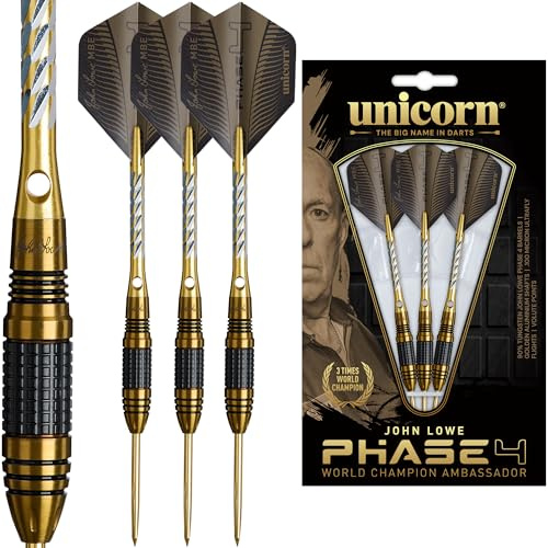 Unicorn John Lowe | Phase 4 | 90% Tungsten Barrels mit zweifarbiger schwarzer & goldener PVD-Beschichtung | Steeltip Darts Set | Old Stoneface | Gold Volute Points | 23g