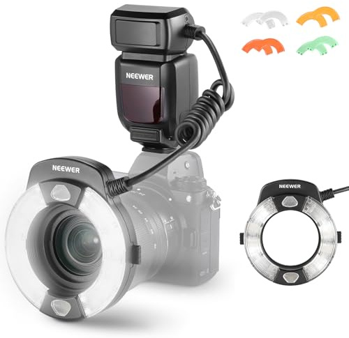NEEWER 76Ws Marco Ring Flash Compatible with Nikon Cameras, 1-1/128 Output, GN15 5600K TTL Flash Light w Front/Rear Curtain Sync, Color Gels, Lens Adapters for Macro Photography Lighting, RF1-N