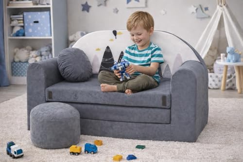 Pro Cosmo Divano letto pieghevole per bambini con funzione letto Perfetto per giocare e dormire - Con materasso, cuscino e pouf sfoderabili - 98x168x59 cm AX2 Grigio - Cime delle montagne