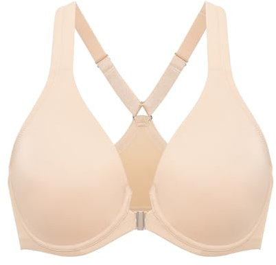 Delimira Women's Front Fastening Bras Seamless Unlined Racer Back Plus Size Underwired Plunge Bra Beige 38D