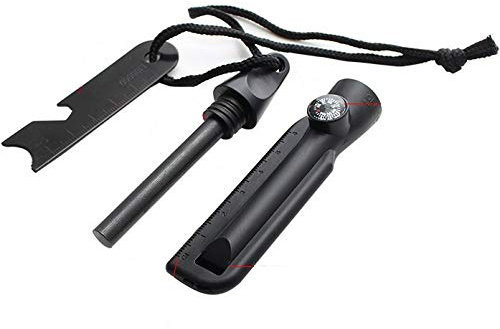 Feuerstarter Feuerstein für Survival Camping Outdoor Bushcraft im Kunststoffgehäuse mit Metallschaber, Kompass, Flaschenöffner - schwarz