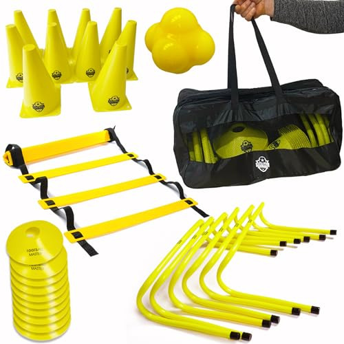 Football Master Foot ball Fitness Speed Training Hurdle Equipment Exercise Aid Set 6 X Speed Hurdles 1 x 6 metre Agility ladder with 12 Rungs 10 X Traffic Cones,10 marker cones Reaction Ball Carry bag