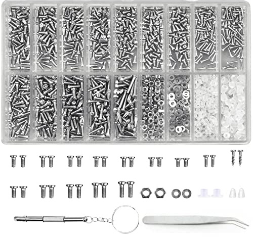 Glasses Screws & Nuts Assortment, 1000 Pcs Eyeglass Screws Kit with Tiny Screwdriver for Glasses, Sunglasses, Watches Repair