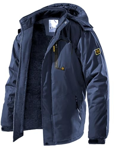 CARWORNIC Chaqueta de esquí de montaña para hombre, resistente al viento, para invierno, cálida, con capucha, cortavientos, senderismo, snowboard, azul marino, XL