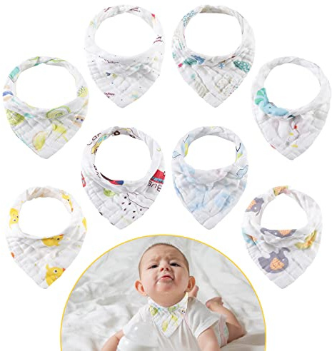 Brencco 8 stycken trekantiga babyhaklappar, dregelhaklappar med 2 justerbara tryckknappar, mjuk och absorberande, 8 lager gasdesign, spottdukar unisex för baby/pojkar/flickor (0–18 månader)
