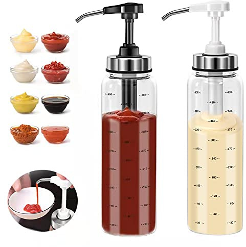 EHUNYELF Condiment Press Bottles, Coffee Syrup PumpDispenser No Drip, Glass Pump 17 OZ, Great for Ketchup, Salad, BBQ Sauce, Honey, Oyster Sauce, Oil (2 Pack)
