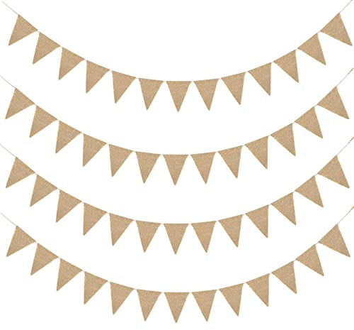 Wimpelkette Jute 14M Girlande Hochzeit Vintage Wimpelketten Boho Outdoor mit 52 Stück Dreiecksflaggen für Geburtstag Weihnachten Brautdusche Retro Dekoration