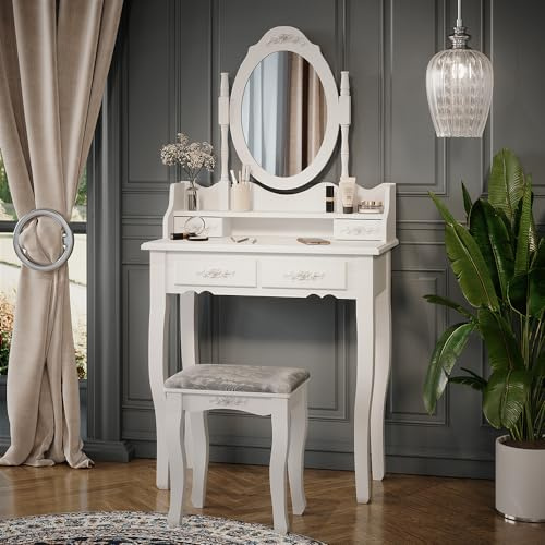Vicco Tavolo da toeletta Meghan, Bianco, 75 cm con sgabello, con sgabello e specchio ovale fissato in modo permanente