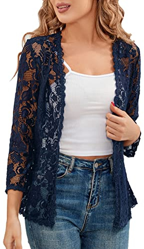 BENANCY Women's 3/4 Sleeve Bolero Shrugs Crochet Lace Open Cardigan Navy L