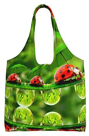 OGNOT Lustige Marienkäfer-Tragetasche, mit Regenschirmen, bedruckt, wiederverwendbare Schultertasche, Tasche von Schultertasche, für Damen zum Einkaufen, Schwarz, Einheitsgröße