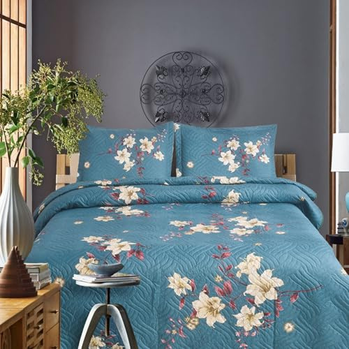 Hadi London Gesteppte Patchwork-Tagesdecken mit 2 Kissenbezügen, wendbarer Blumendruck, leichte Steppdecke, bequem, passend für Doppel- und King-Size-Betten 220 x 240 cm, 30 einzigartige Designs