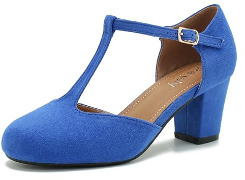 Peijely Mary Jane Damen-Pumps mit T-Riemen, Blockabsatz, Knöchelriemen, Schnalle, Kleid Pumps, Veloursleder in Königsblau, 40.5 EU
