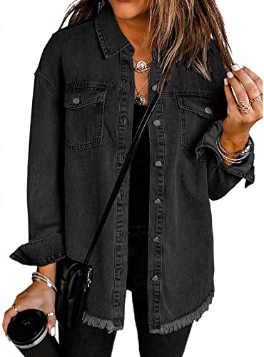 Roskiky Jacke Damen Oversized Button Up Frayed Hem Shacket Langarm Taschen Denim Jean Jacket