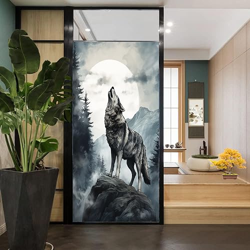 Sichtschutzfolie für Fenster, Motiv: Wolf, Mond, Baum, amerikanischer Stil, cooles Tier, Buntglas-Fensterfolie, dekorative Fensterfolie für Fenster und Glastür, Sonnenblockierung, 80 x 140 cm (B x L)