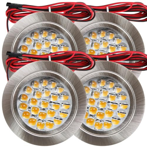 Rolux 4er Set LED Möbeleinbauleuchte Freya 12V 2,4W Warmweiß 3000K | IP20 flach Ø65mm Einbaustrahler Edelstahl geb. | 190lm | inkl. LED Trafo, Mini-Verteiler & 230V Zuleitung | Für Küche, Bad, Möbel