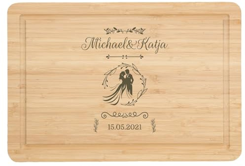 Personalisiertes Schneidebrett aus Bambus für Brautpaar Hochzeitsgeschenk mit Gravur Geschenk zur Hochzeit für Hochzeitspaar mit Name und Datum nach Wunsch - Motiv: Schlicht Name Datum