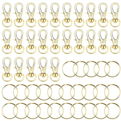 50 Stück Schlüsselanhänger und Spaltringe, Edelstahl Klein Schlüsselring Karabiner Drehverschluss mit Schlüsselringen, Schwenk 360° Drehbar, für Aufhängen Handwerk Schmuckherstellung (Gold)