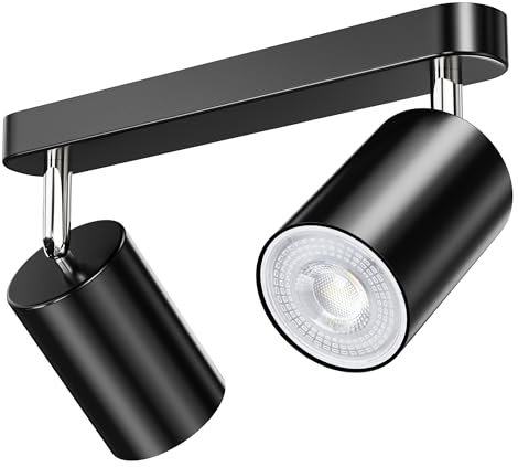 Mexllex Plafonnier Noir 2 Spots LED Orientable, Spot Mural Interieur, Rampe Spots et Rails de Spots Moderne,Plafonnier Salon,Chambre à Coucher, Cuisine（avec 3 GU10 Ampoules）