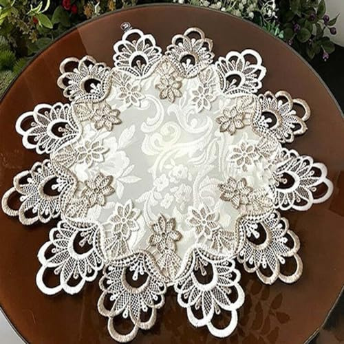 Oceanlend Napperon rond brodé en dentelle florale anti-poussière pour décoration d'intérieur (taille M)