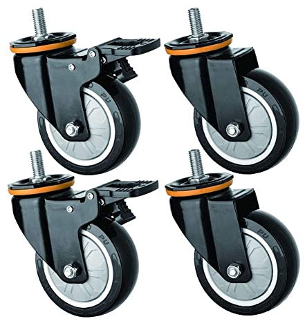 Lenkrollen, Rollen für Platten, Schwerlast-Lenkrollen, Lenkrollen mit Bremse (Schwarz, 4 Zoll, M12, 2 Bremsen + 2 Lenkrollen)