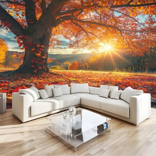 Carta da Parati Fotografica Murale 400x280cm Paesaggio Autunnale Del Tramonto Dell'Acero Carta da Parati Effetto 3d Decorazione Murale Poster da Parete per Camera da Letto per Ragazzi, Marrone
