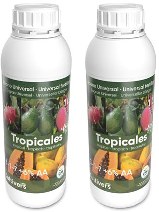 CULTIVERS Fertilizante Tropicales Líquido Ecológico 2x1L. Abono 100% Orgánico con Macronutrientes y Micronutrientes. Mayor Rendimiento y Aumento del Calibre del Fruto
