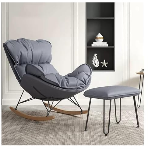GLFNB Moderner Schaukelstuhl mit Fußhocker für das Wohnzimmer, gepolsterter Relaxsessel mit hoher Rückenlehne, Schaukelsessel mit Akzentsessel und Beinen aus Massivholz (Grau2)