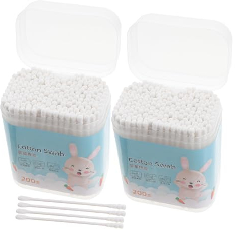 Babykottonstäbchen 400 Stück, Doppelseitige Rundspitzen, Weiß | Baumwolle und Papier, 2 Schachteln, für Nase und Zehen, Spiralförmige Spitze, Sanfte Reinigung