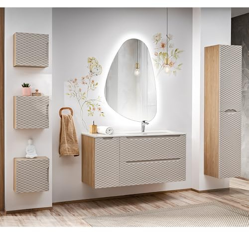 Lomadox Badezimmer Badmöbel Set 6-teilig mit 120cm Waschtisch in Eiche, Front in beige mit 3D-Oberfläche
