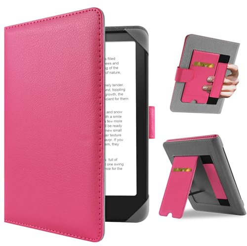 HoYiXi Universellt fodral för 7 tum Kindle Paperwhite/Colorsoft 2024 kompatibel med 6,8 tum Paperwhite Kobo Clara HD/Kobo Clara 2E eReader skyddskåpa med hopfällbart stativ inbyggd ficka, ros