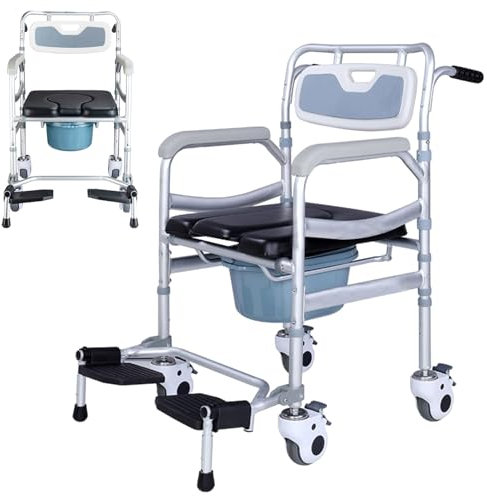 LSRFXF Fauteuil Roulant Transport pour Toilettes Et Douche, Chaise Douche Roulante Pédale Pliable Et roulettes Verrouillables, Hauteur Réglable Toilettes Mobiles pour Personnes Âgées