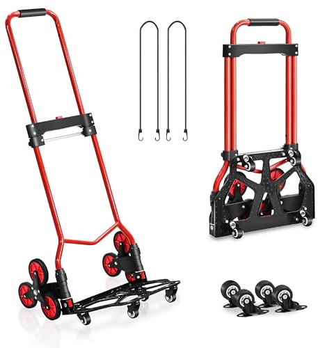 Treppensteigwagen, 127 kg Kapazität, Aluminium, Handkarren, tragbarer, faltbarer Treppensteigwagen mit dehnbarem Griff, 10 Räder und 2 elastische Seile für Umzug, Einkaufen