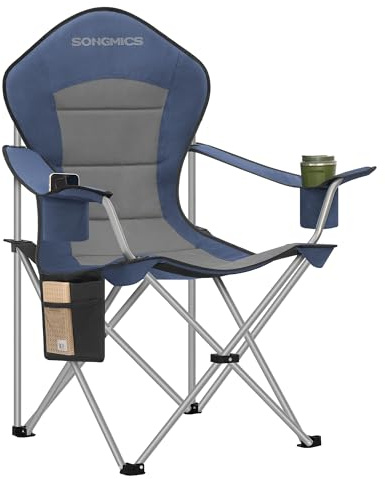 SONGMICS Campingstuhl, klappbar, Klappstuhl, breiter Sitz, hohe Rückenlehne, Outdoor-Stuhl, tragbar, Outdoor-Stuhl, mit Getränkehalter, Handyhalter, Stoff-Organizer, blau-grau GCB005QE01