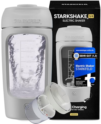 STARKSHAKE® V4 – ausgezeichnet als bester elektrischer Shaker vom F.A.Z.-Verlag (2025) | Elektrischer Protein Shaker für cremige Eiweiß Shakes | 8000 UPM | USB-C | 120+ Shakes | inkl. STARKPOD | WEISS