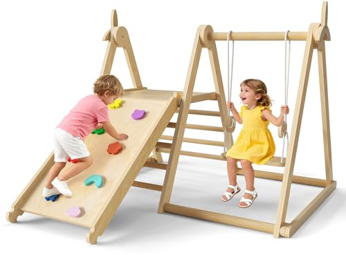 5 en 1 Zona de Juegos Infantil Interior con Columpio, Tobogán, Escalera, Pared de Escalada y Molino de Viento, 2-8 Años, Promueve la Aptitud Física y la Creatividad, Interior, Jardín, Zona de Juegos