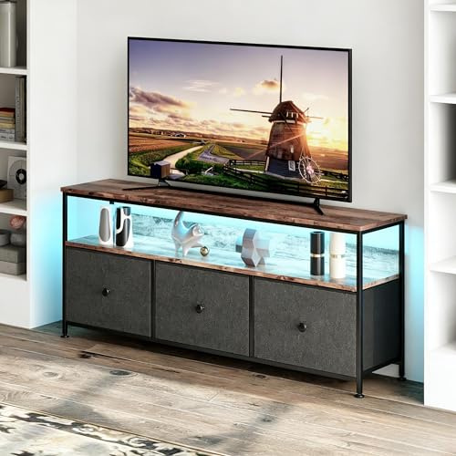 PerGar Mueble para TV, armario bajo con 3 cajones de tela, con tablero de madera, cajones de tela, para salón, dormitorio, pasillo, color marrón vintage, 108 x 30 x 57 cm