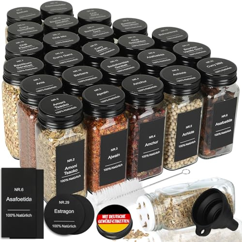 24er Set Gewürzgläser Eckig mit Streueinsatz - mit 324 Deutsch Wasserfeste Label - 120ml Luftdichte Gewürzgläser Schwarz - Gewürzstreuer Glas Organizer - Gewürzbehälter Spice Jars - Gewürzdosen Set