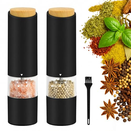 2 Pieces Salt and Pepper Mill, Electric Grinder Set, Battery Operated Grinder with LED Light, Adjustable Coarseness Ceramic Core, Automatic Spice Dispenser for Kitchen, One Touch Operation