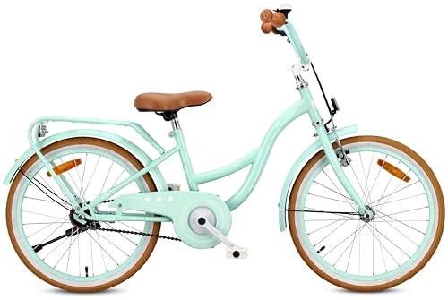 sun baby Flower Bike Retro Mädchenfahrrad 20 Zoll - Kinderfahrrad mit Stahlrahmen, V-Bremsen, Schutzbleche, Kettenschutz, Scheinwerfer, Klingel, höhenverstellbar - Mint
