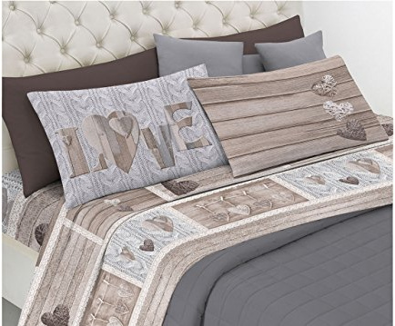 BIANCHERIAWEB Completo Lenzuola Linea Pensieri Delicati in 100% Cotone Disegno Shabby Love Matrimoniale Beige