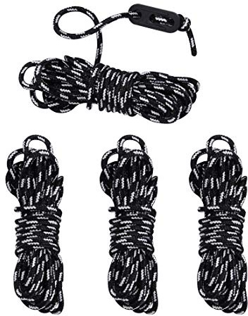 10T Zeltleine Night Cord Set 4 STK – Reflektierende Zeltschnur Abspannleine 4m Länge, Ø 4mm, Sicheres Camping Seil mit Dreilochspanner