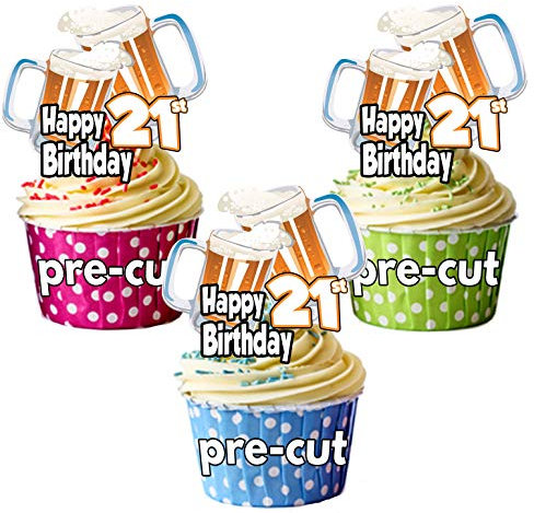 AK Giftshop Happy 21st Birthday Beer Pint Glass Themed - Precut Edible Cupcake Toppers/Cake Decorations - Mens - Ladies - Celebrations - Party (Pack of 12)