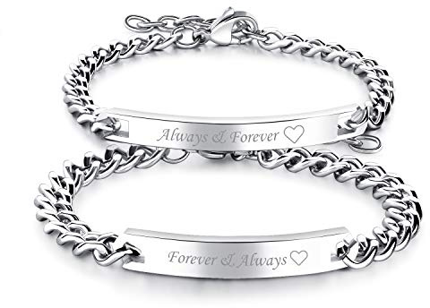 Cupimatch 2pcs Couple Bracelets Stainless Steel Loving Bangle Bracelet Always Forever and Forever Always Matching Bracelet for Valentine's Day