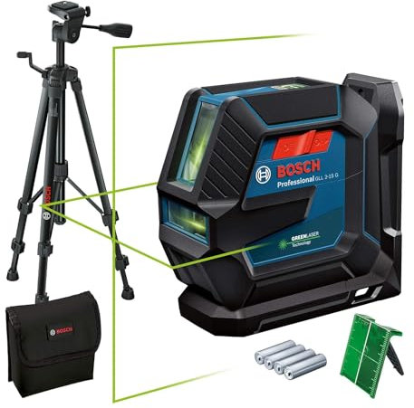 Bosch Professional Niveau Laser GLL 2-15 G (faisceau vert, d'intérieur, support LB 10, trépied BT 150, portée visible: jusqu’à 15 m, 4x piles AA)