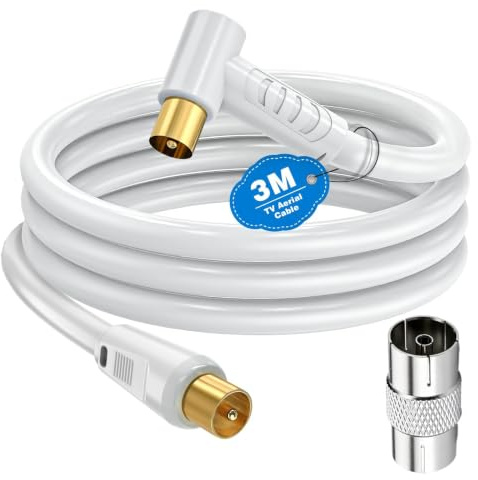 Cavo Coassiale per Antenna TV 3M da Maschio a Maschio, Angolo Retto Cavo Satellitare Cavo TV RF Antenna Coassial Cavo Maschio PAL Connettori Placcati oro Flylead Bianca con Accoppiatore