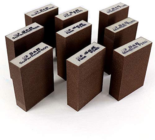 S&R Schleifschwamm-Set 9 St, 100 x 70 x 25 mm, Schleifklötze, Handschleifer, 3 Körnungen, Mittel 3X P180, Fein 3X P240, Superfein 3X P400 zum Schleifen, Polieren von Metall, Holz, Stahl, Edelstahl