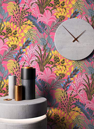 NEWROOM Tapete Pink Vliestapete Dschungel - Dschungeltapete Floral Gelb Blau Blumen Blätter Blumentapete Tropisch Mustertapete inkl. Tapezier-Ratgeber